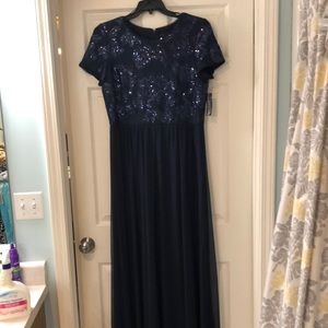 Formal evening dress in navy .Beautiful sequined leaf/flower pattern in bodice.